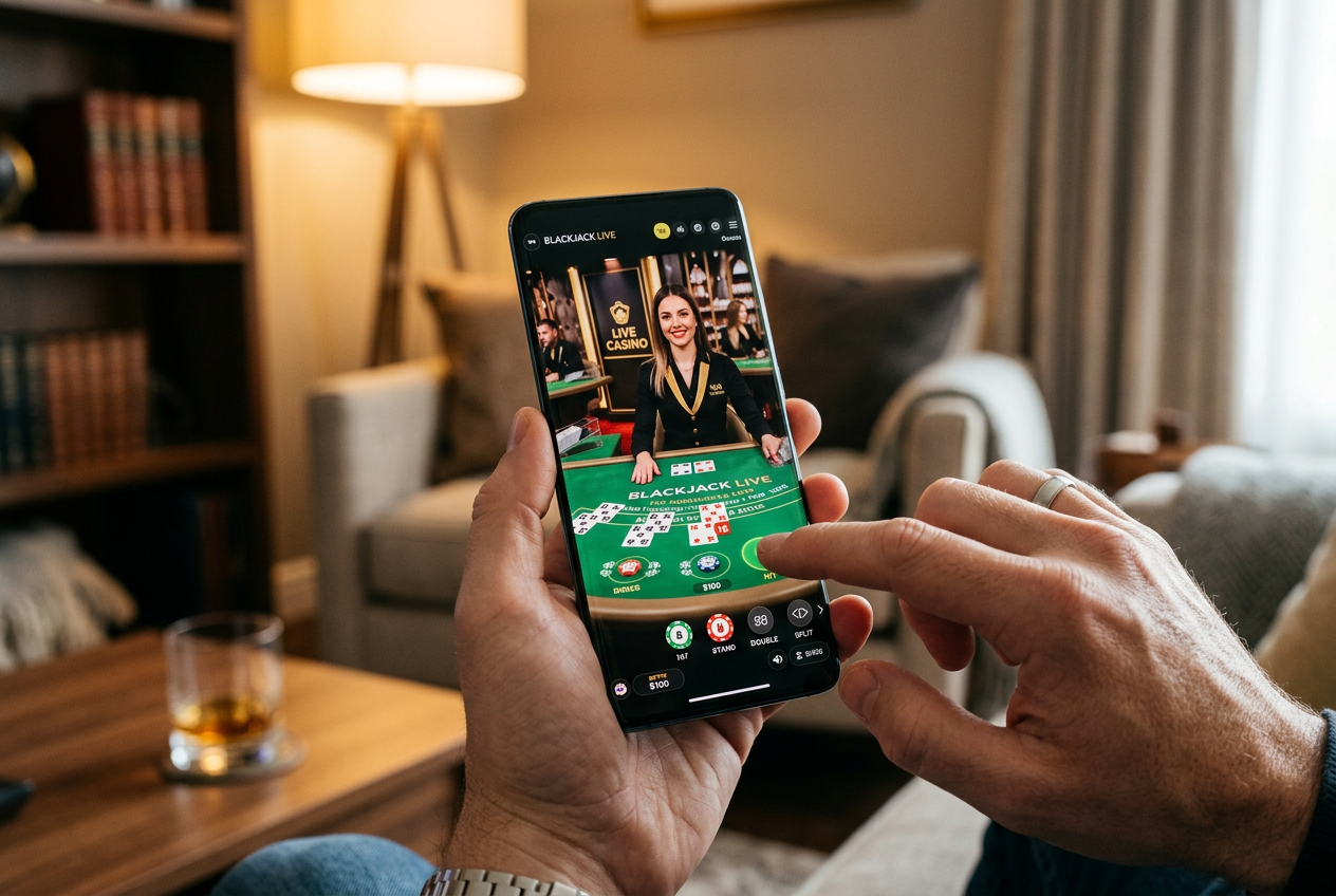 A high-end smartphone showing a live casino game