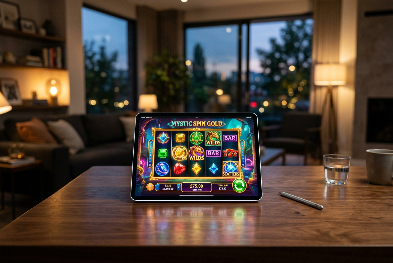 A high-end digital tablet displaying a vibrant casino game interface.