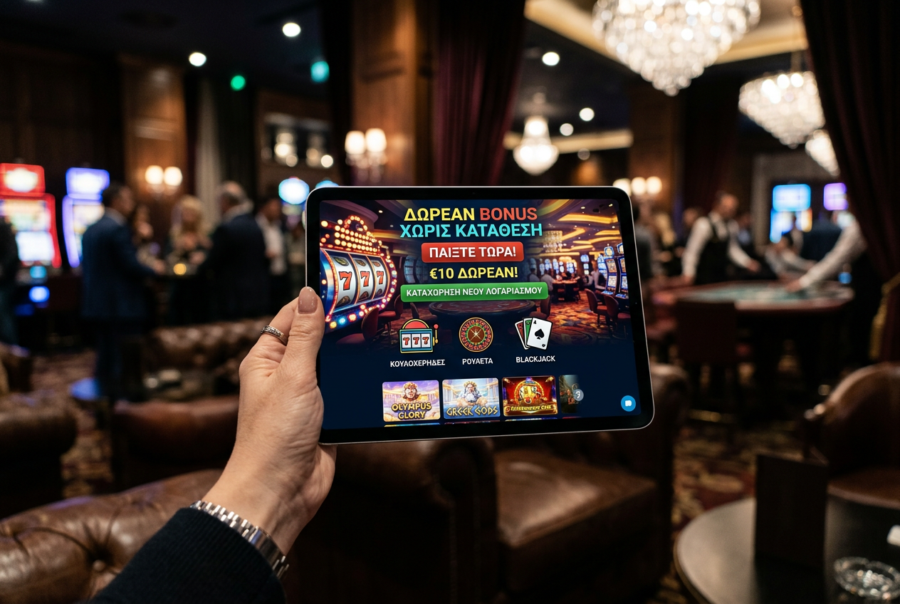 A futuristic digital casino interface displayed on a tablet in a luxury setting.